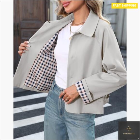 Cropped Trench Coat Lightweight Loose Fit Long Sleeve Single Breasted - Picture 6 of 7